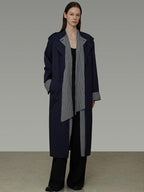 unspoken Minimal Navy Plaid Single Breasted Midlength Relaxed Women Trench Coats
