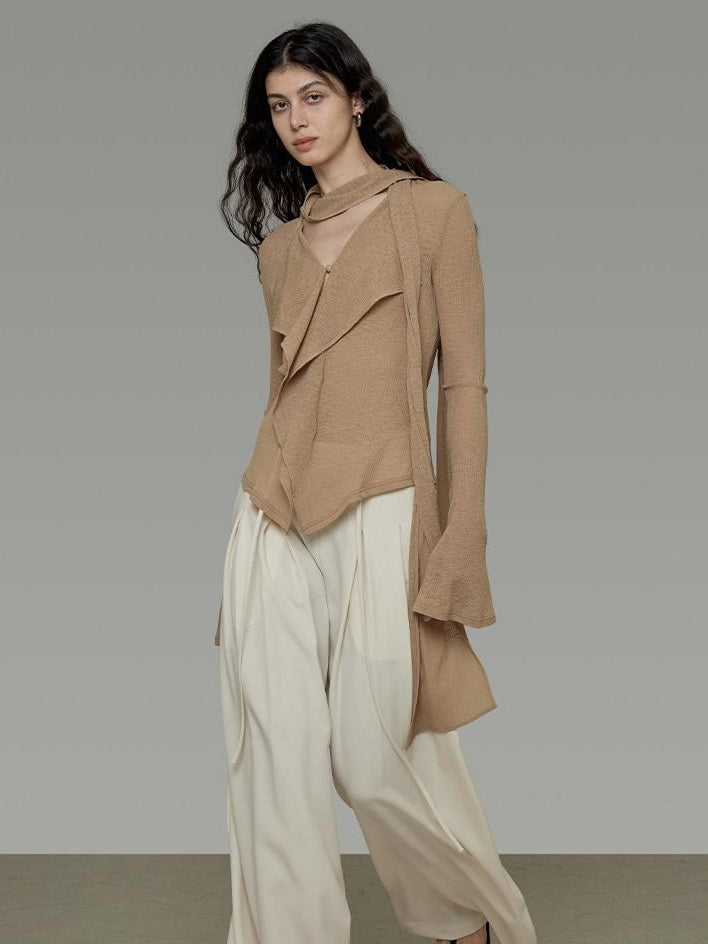 unspoken Slim Ruffle V-neck Bell Sleeve Knit Pullover Women Ginger Yellow Blouses