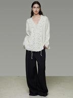 unspoken Breathable V-neck Drawstring Loose Casual Pullover Women Commuter Sweaters