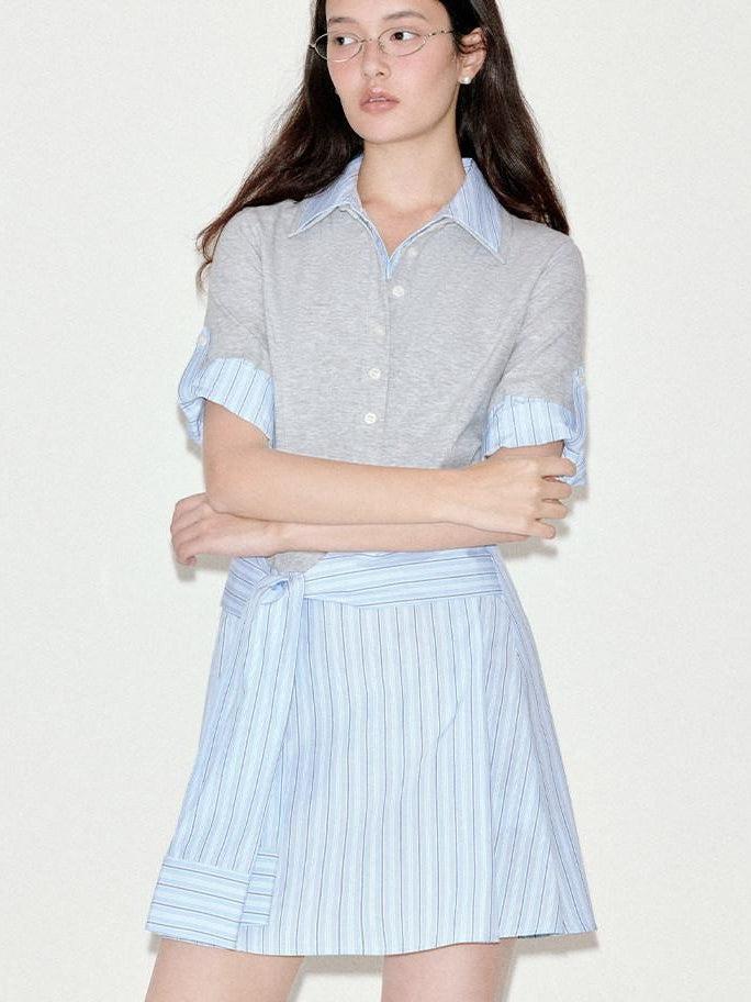 fano High Waist A Line Polo Collar Short Sleeve Cotton Blend Light Blue Midi Dresses