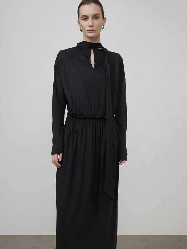 unspoken Minimal Office Pleated Round Neck Elastic Waist Long Sleeve Black Maxi Dresses