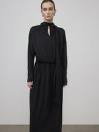 unspoken Minimal Office Pleated Round Neck Elastic Waist Long Sleeve Black Maxi Dresses