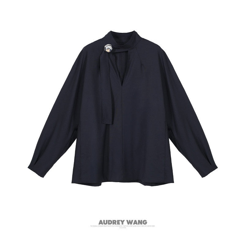 audreyyang_Shape_Retaining_Loose_Long_Lantern_Sleeve_Pullover_Navy_Polyester_Women_Blouses_MISSTT