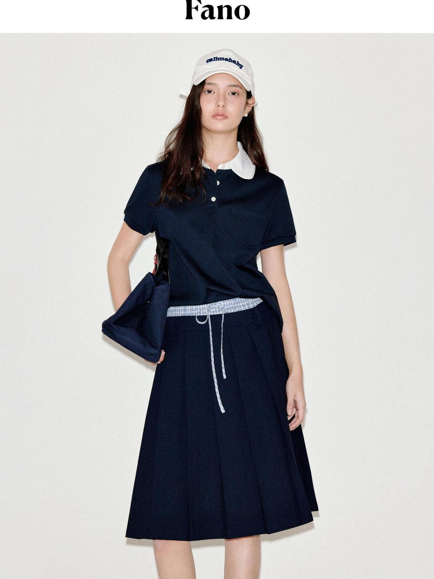 fano Classic Pleated Mid Waist Korean Office Navy Polyester Rayon Midi Skirts