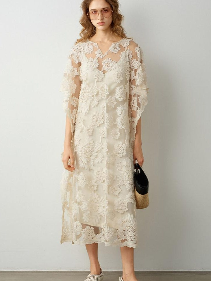 audreyyang Comfortable Polyester Insta Loose Fit V-neck Short Sleeve A Line Maxi Dresses