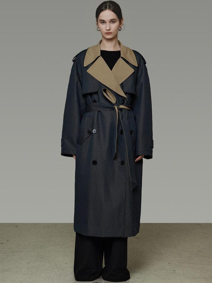 unspoken Navy Cotton Denim Double Breasted Loose Fit Commuter Women Trench Coats