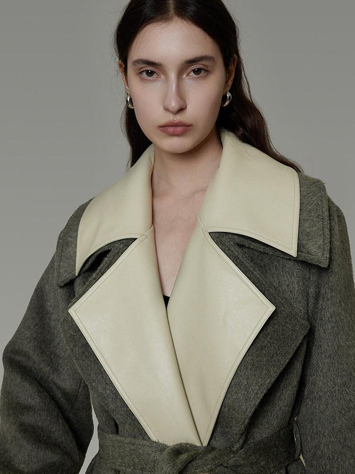 unspoken Minimal Commuter Oversized Long Notch Collar Olive Green Wool Blend Wool Coats