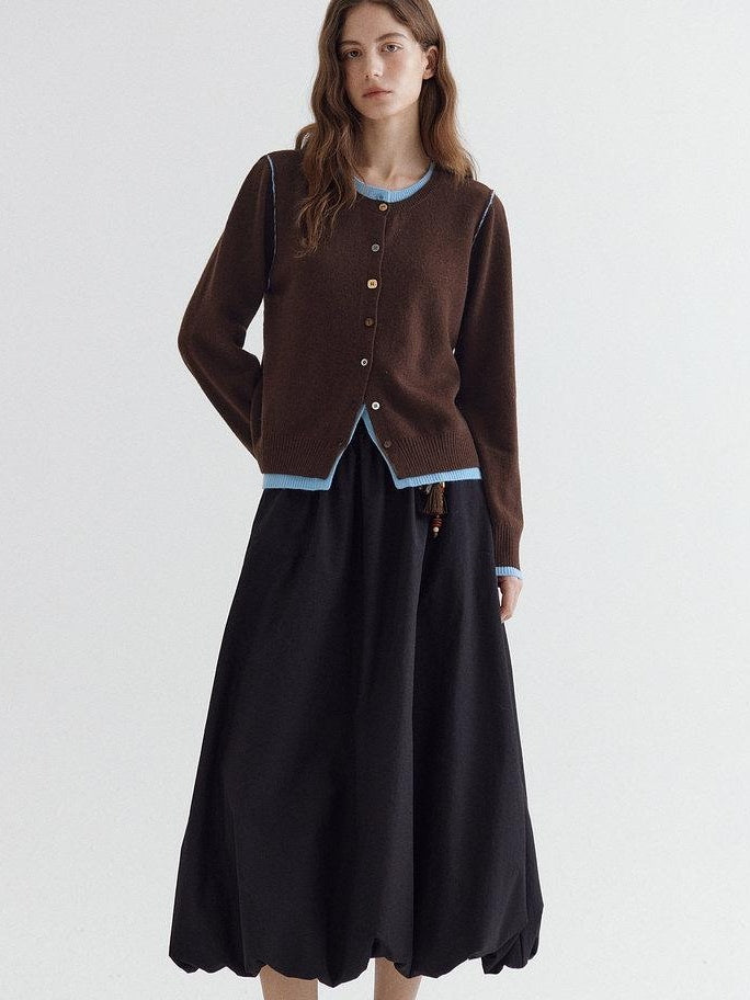fano Pure Wool Commuter Regular Fit Roundneck Colorblock Women Brown Knit Cardigans