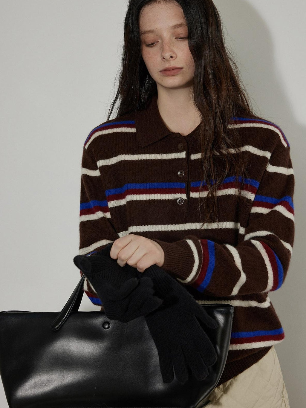 Lofi choose Colorblock Striped Polo Collar Relaxed Fit Commuter Women Knitwear Sweaters