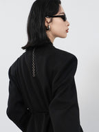 audreyyang Pleated Double Breasted Oversized V-neck Mid Length Women Workwear Blazers