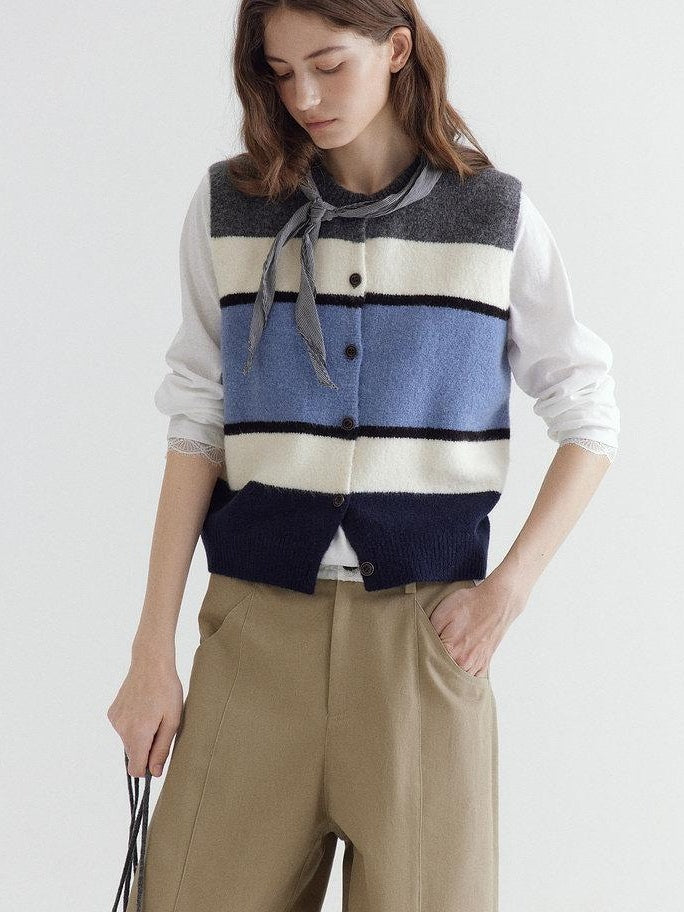 fano Warm Korean Commuter Straight Stripe Round Neck Women Acrylic Cardigans