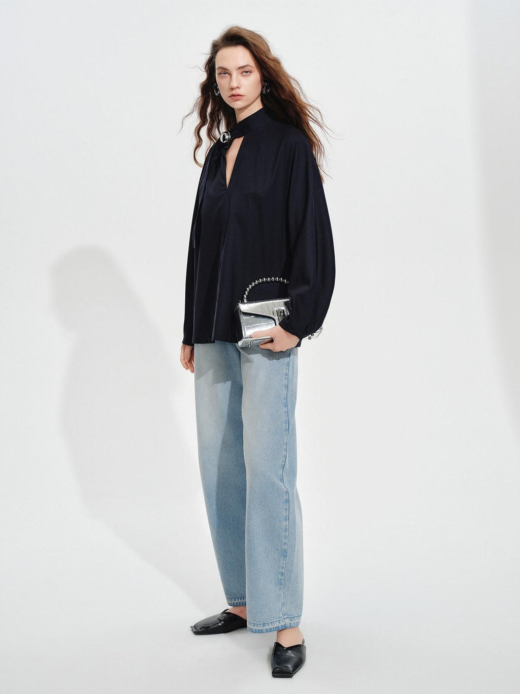 audreyyang Shape Retaining Loose Long Lantern Sleeve Pullover Navy Polyester Women Blouses
