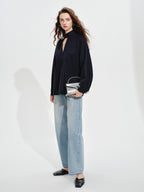 audreyyang Shape Retaining Loose Long Lantern Sleeve Pullover Navy Polyester Women Blouses