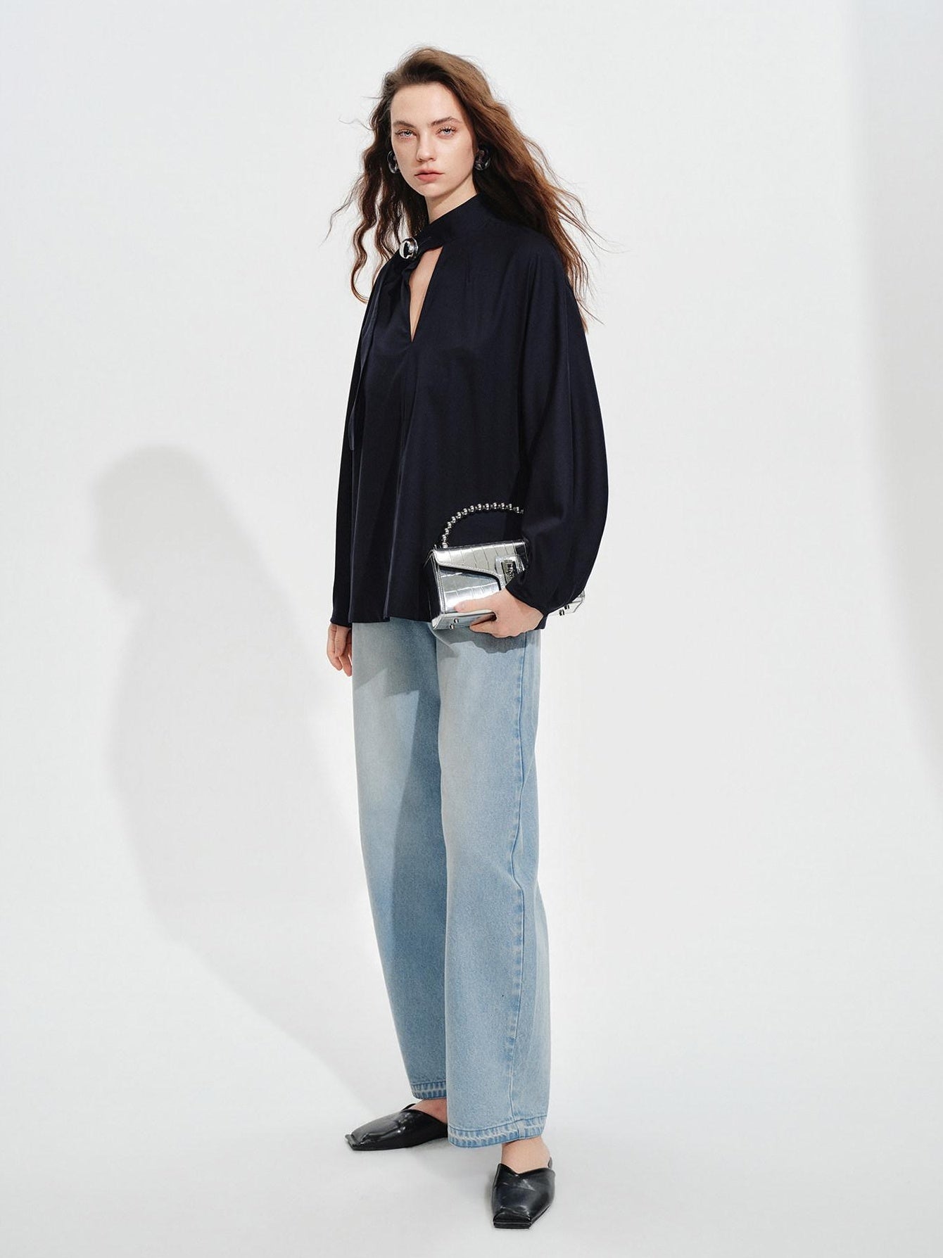 audreyyang Shape Retaining Loose Long Lantern Sleeve Pullover Navy Polyester Women Blouses