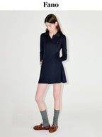 fano Soft Embroidered Tencel Vintage Aline Slim Long Sleeve Navy Midi Dresses