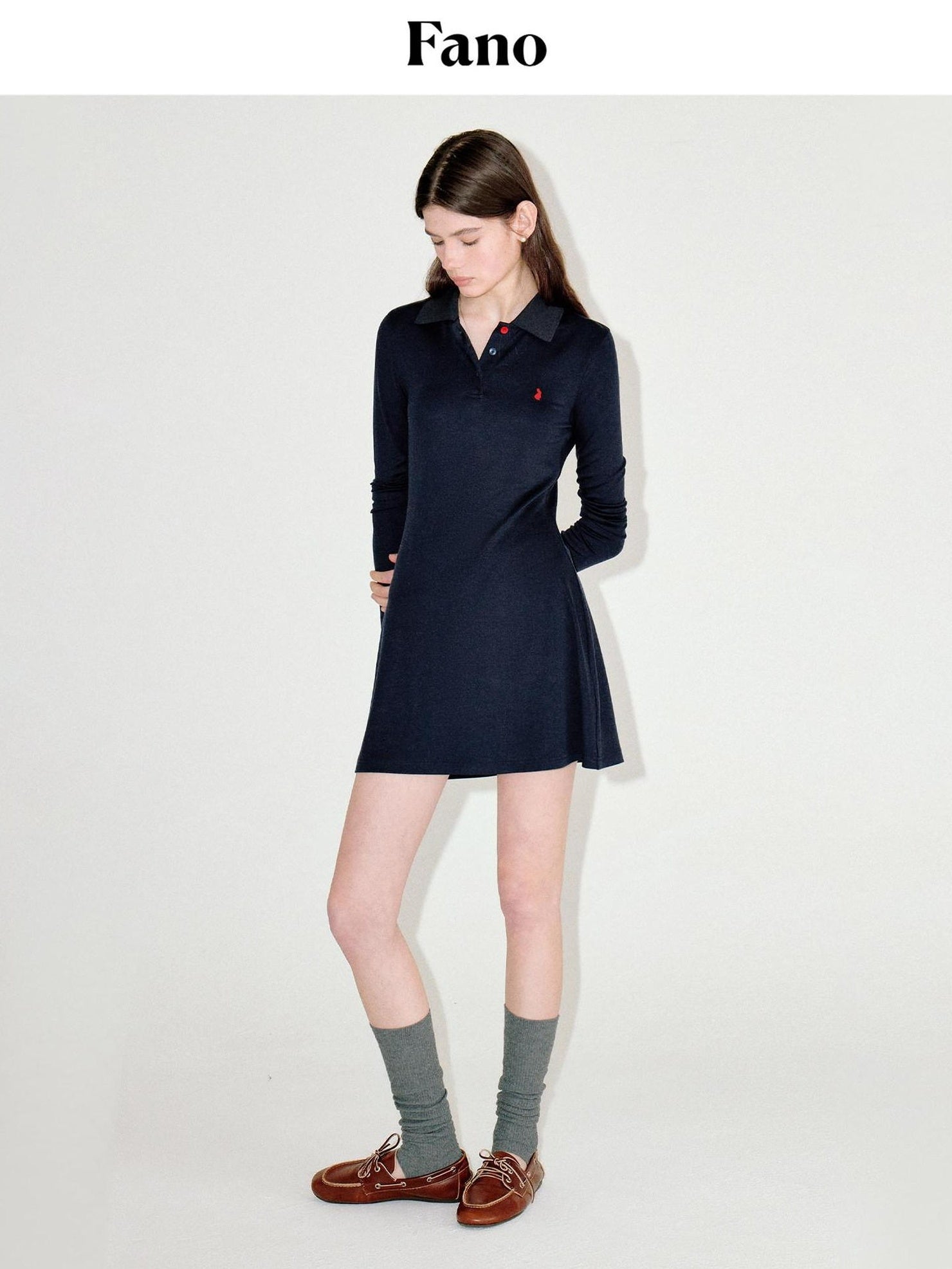 fano Soft Embroidered Tencel Vintage Aline Slim Long Sleeve Navy Midi Dresses