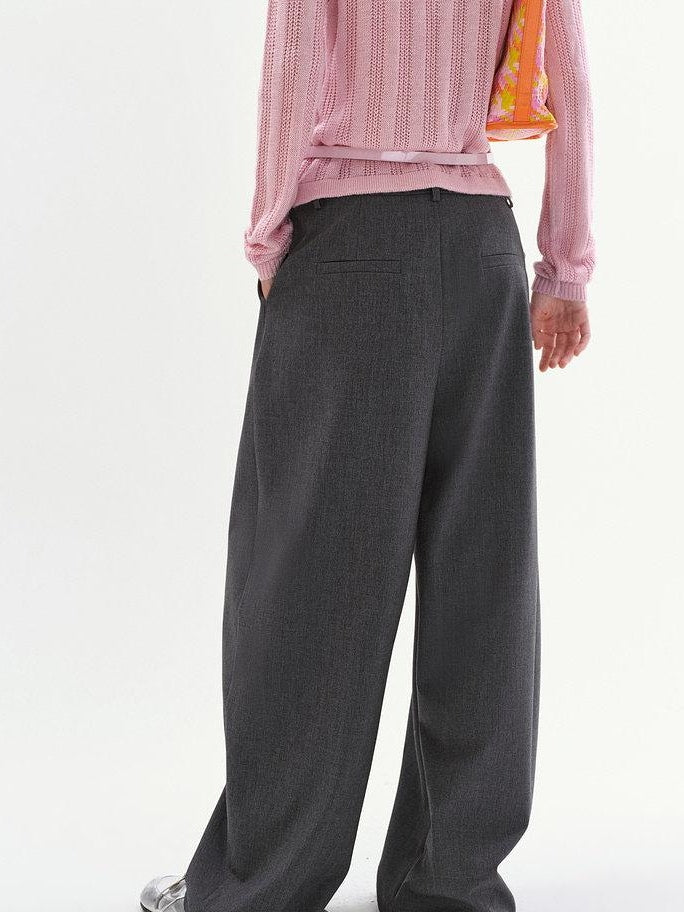 fano Lightweight Mid Rise Minimalist Flowy Young Women Polyester Grey Wide Leg Pants