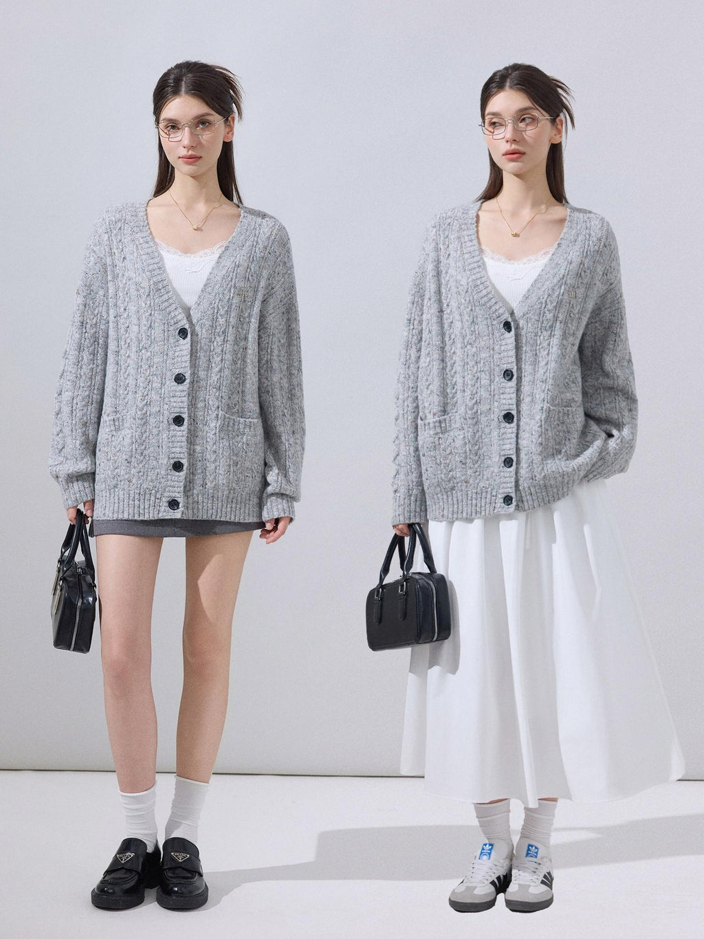 ikyou Soft Breathable Slouchy Loose V-neck Long Sleeve Gray Knit Casual Women Cardigans