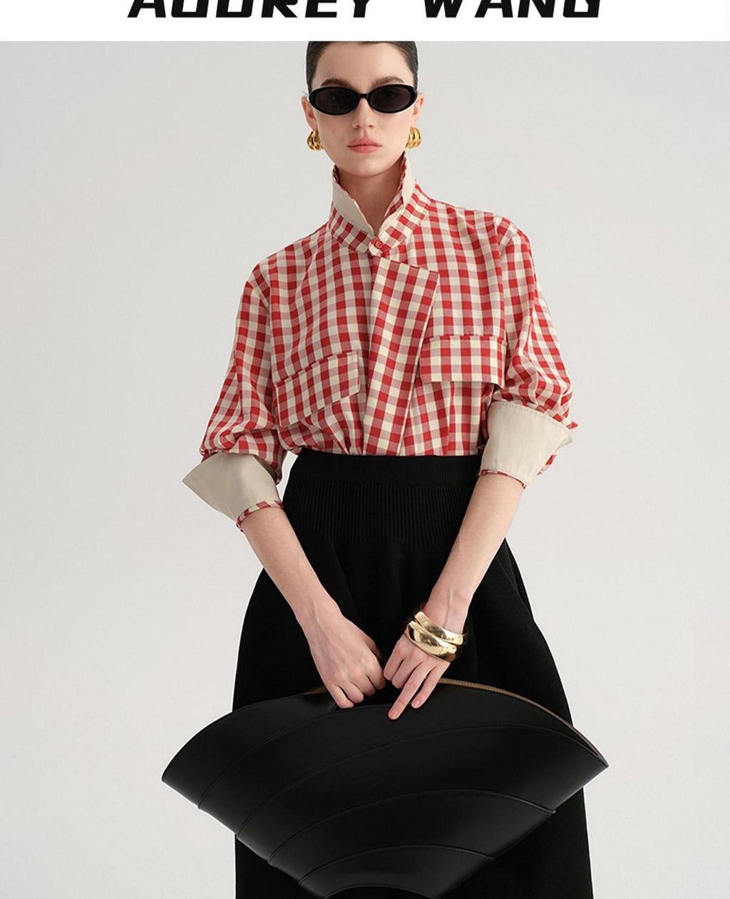 audreyyang Vintage Plaid Loose Fit Long Sleeve Collared Open Front Polyester Women Shirts