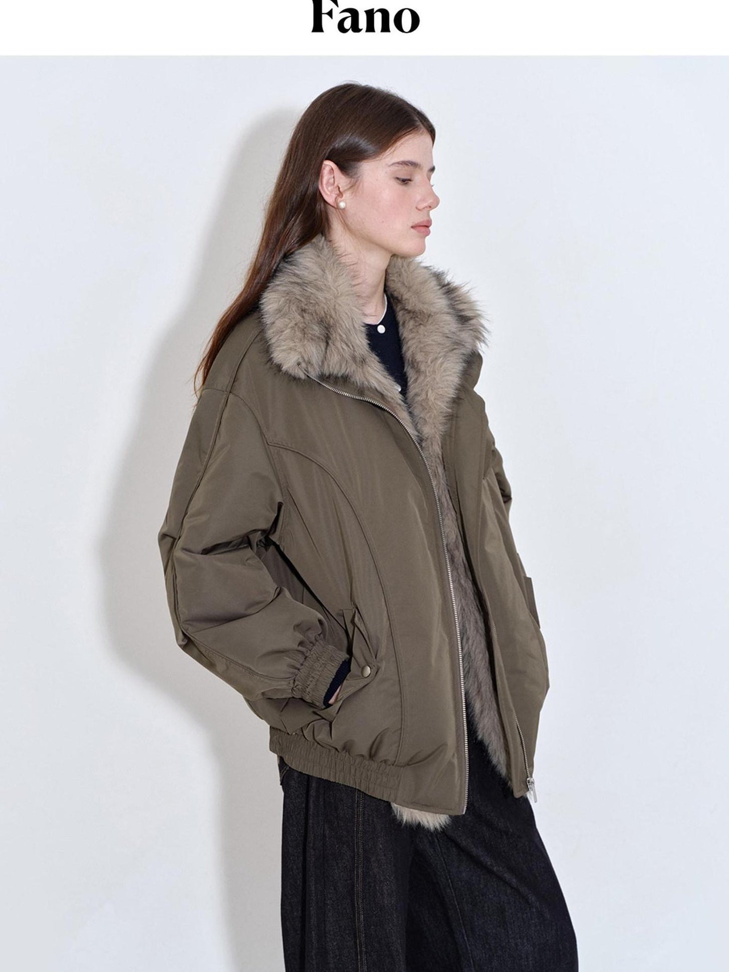 fano High Fill White Duck Down Warm Straight Fur Collar Women Army Green Down Jackets