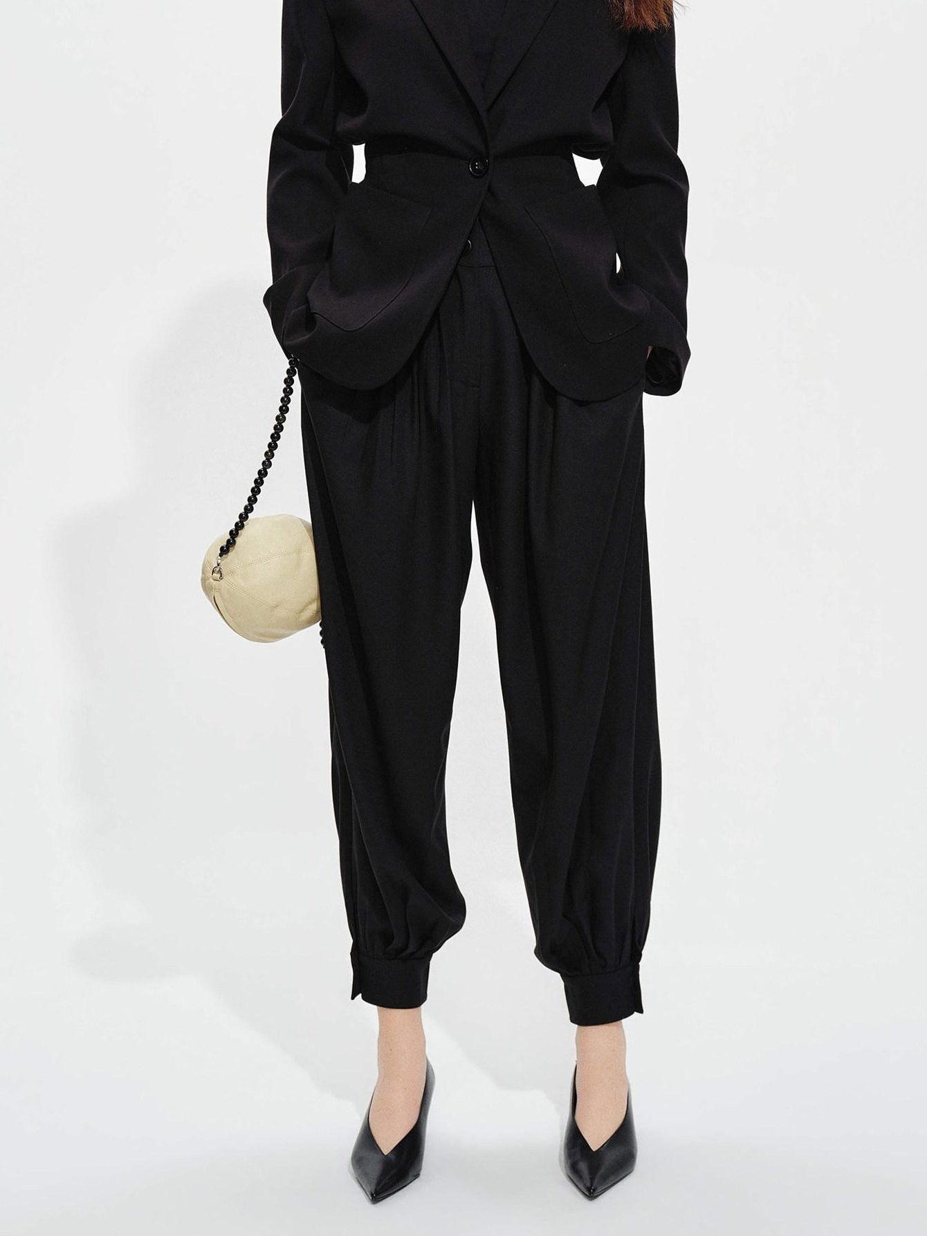 audreyyang High Stretch Elastic Waist Tapered Casual Women Black Polyester Sweatpants