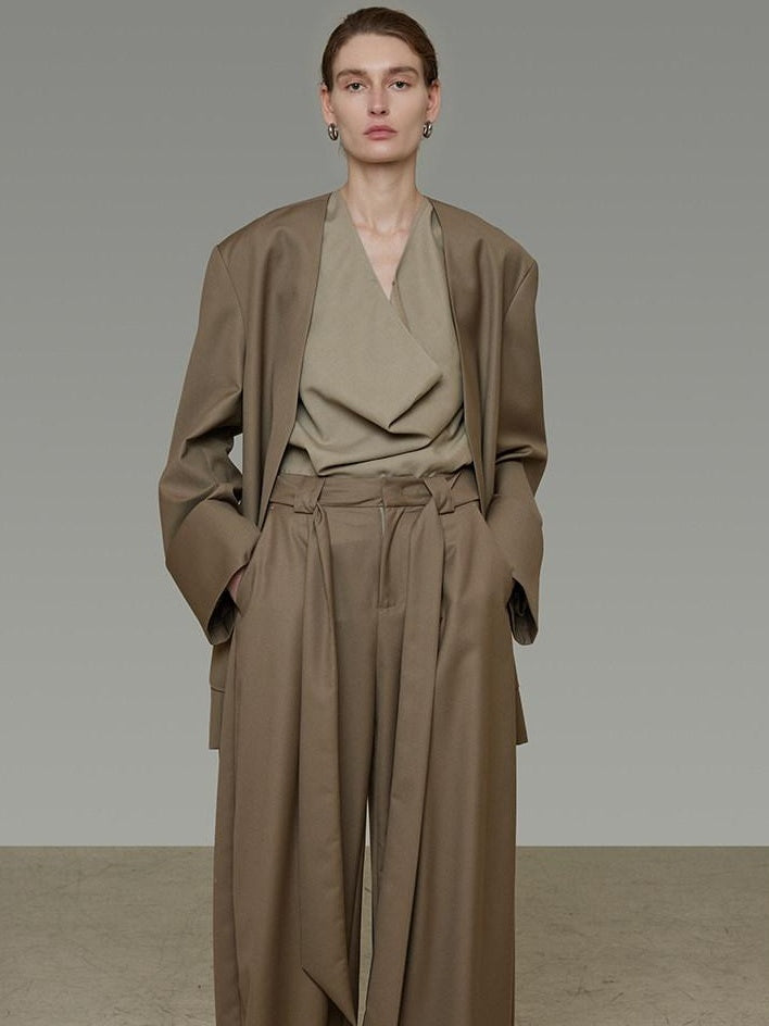 unspoken Minimal Slim Tailored Blazer High Waist Long Pants Women Brown Top & Pants Sets