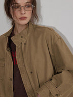 Lofi choose Airy Loose Fit Commuter Lapel Button Longsleeve Solid Khaki Cropped Jackets