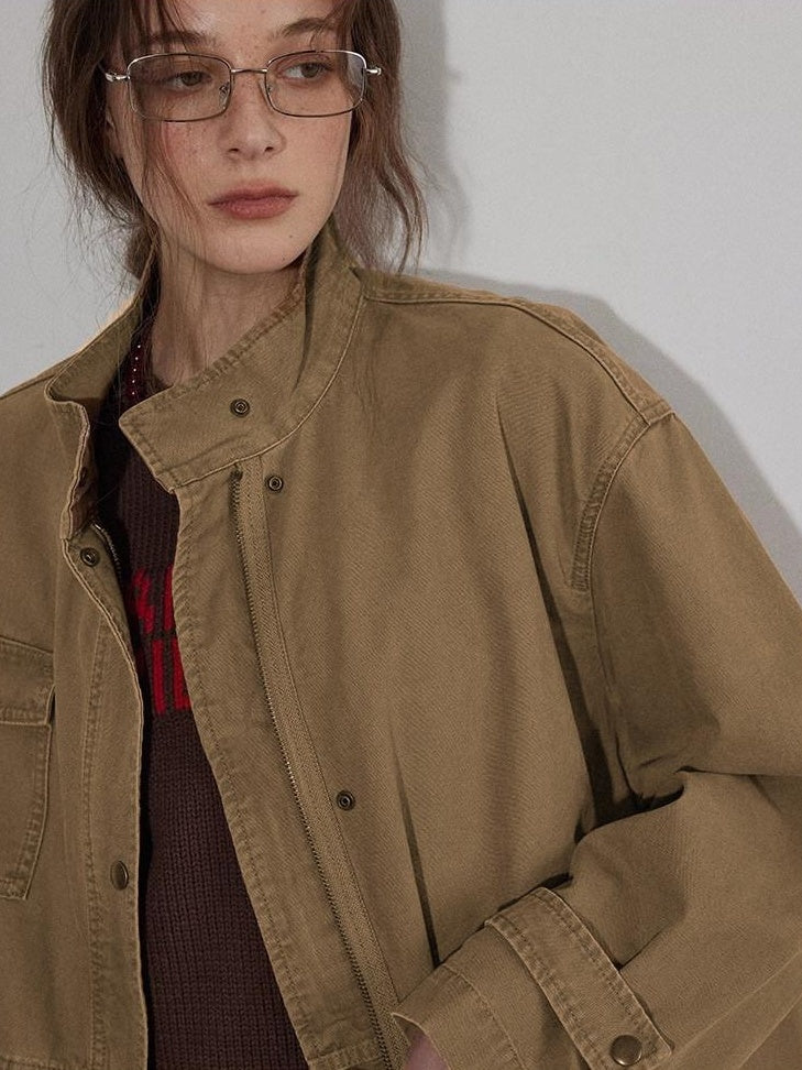 Lofi choose Airy Loose Fit Commuter Lapel Button Longsleeve Solid Khaki Cropped Jackets
