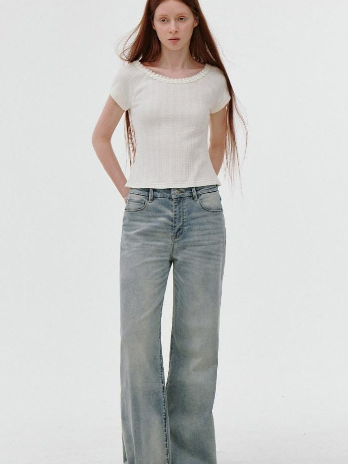 fano Comfortable Relaxed Natural Waist Zipper Fly Light Blue Straight Leg Jeans