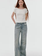 fano Comfortable Relaxed Natural Waist Zipper Fly Light Blue Straight Leg Jeans