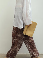 audreyyang Leopard Print Elastic Waist Minimal Office Loose Straight Womens Wide Leg Pants