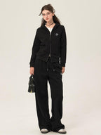 ikyou Slim Embroidered Ribbed Patchwork Cotton Lined Commuter Sweatpants