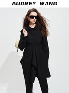 audreyyang Vintage Loose Square Neck Long Sleeve Midi Cardigan Black Polyester Blouses