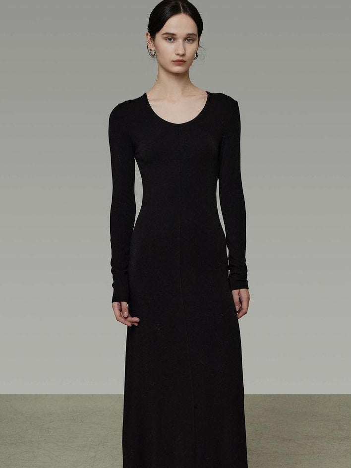 unspoken Breathable Minimalist High Waist Aline Knit Long Sleeve Women Black Maxi Dresses