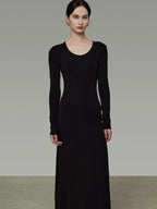 unspoken Breathable Minimalist High Waist Aline Knit Long Sleeve Women Black Maxi Dresses