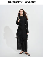 audreyyang Soft Viscose Blend Natural Waist Casual Flowy Women Black White Wide Leg Pants