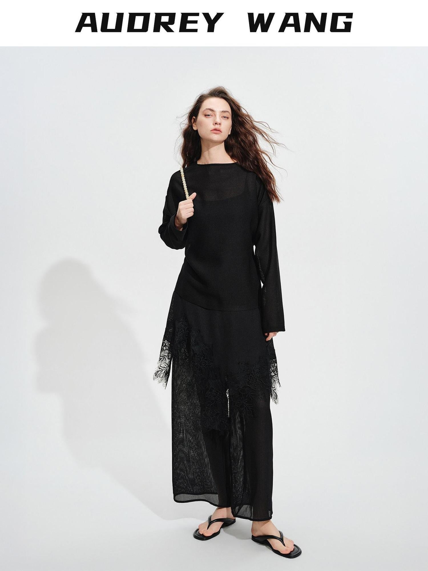 audreyyang Soft Viscose Blend Natural Waist Casual Flowy Women Black White Wide Leg Pants