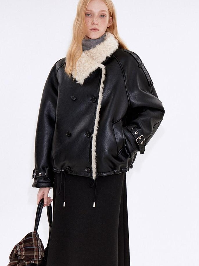 fano Warm Shearling High Collar Double Breasted Loose Fit Women Black Leather Jackets