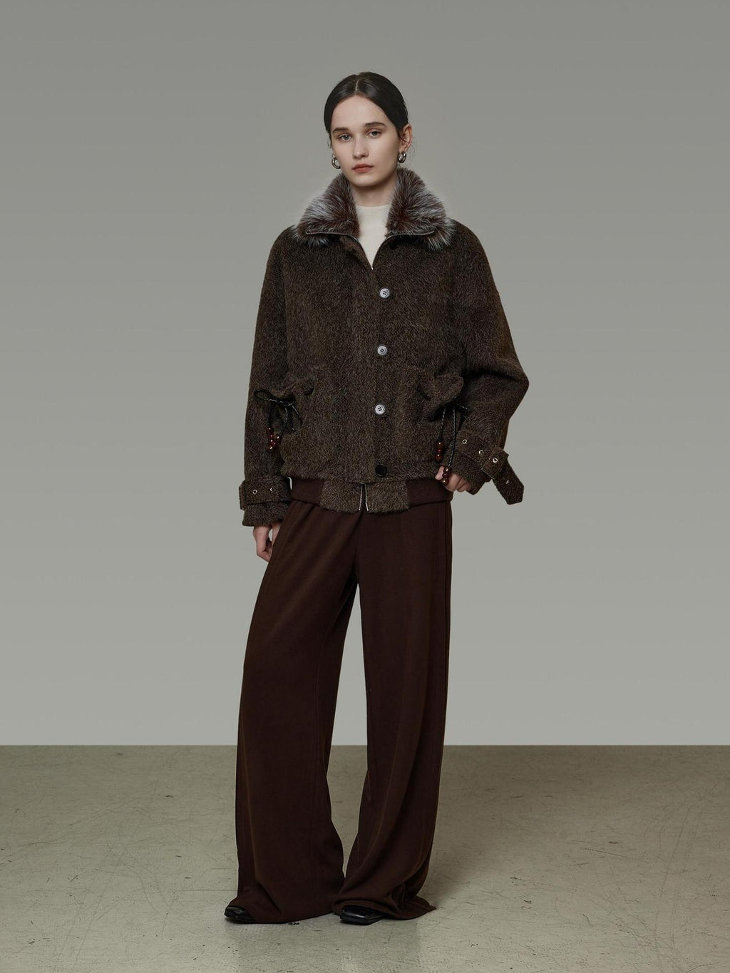 unspoken Faux Fur Collar Loose Fit Structured Tailored High Waist Women Brown Short Coat