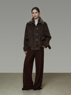 unspoken Faux Fur Collar Loose Fit Structured Tailored High Waist Women Brown Short Coat