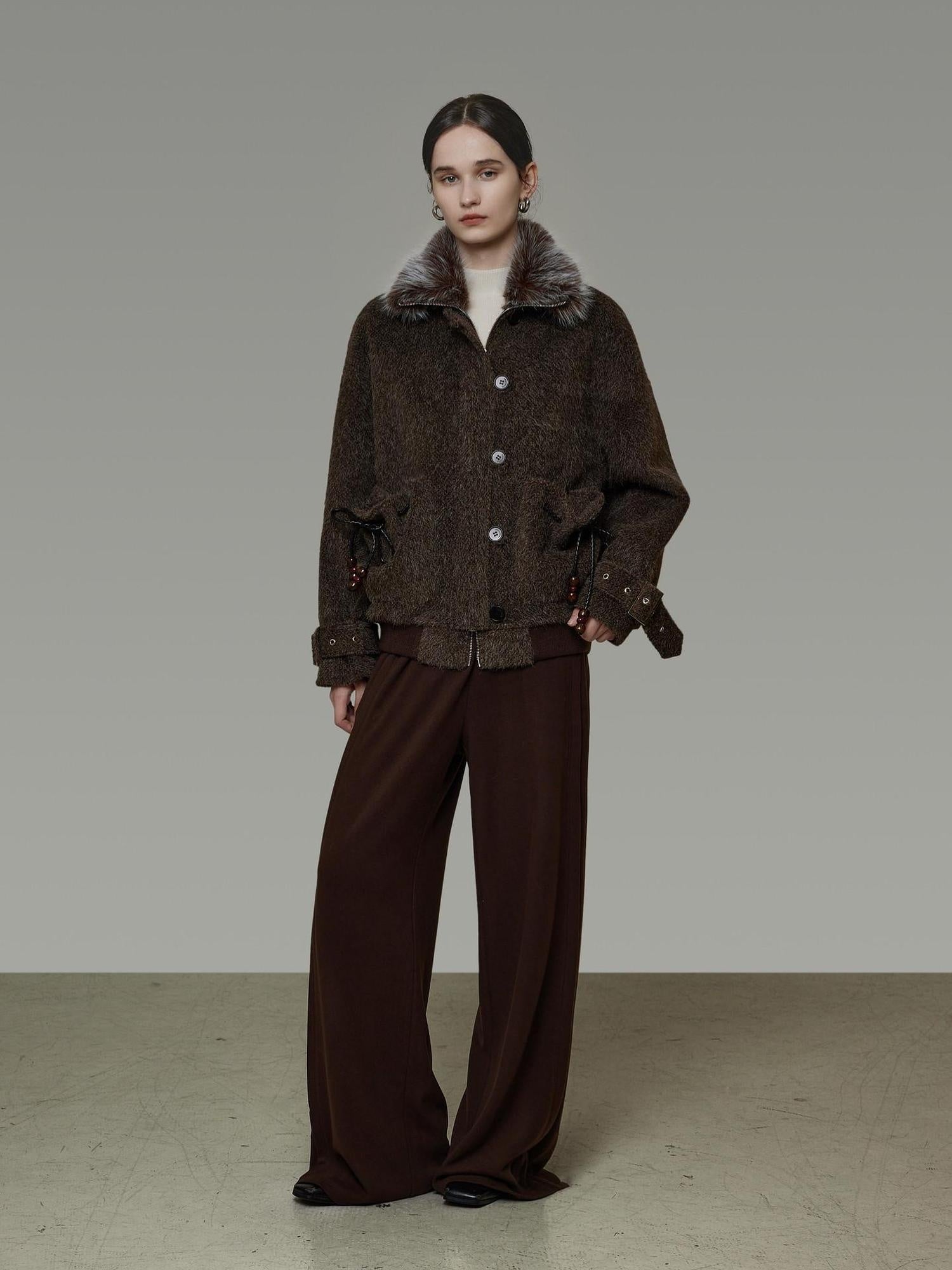 unspoken Faux Fur Collar Loose Fit Structured Tailored High Waist Women Brown Short Coat