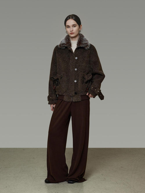 unspoken Faux Fur Collar Loose Fit Structured Tailored High Waist Women Brown Short Coat
