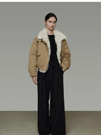 unspoken Thick Cotton Padded Patchwork Cropped Loose Commuter Khaki Puffer Jackets