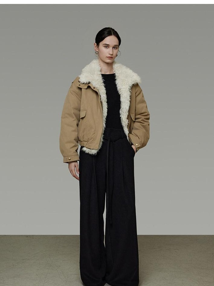 unspoken Thick Cotton Padded Patchwork Cropped Loose Commuter Khaki Puffer Jackets