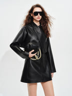 audreyyang Sheepskin Leather Cinched Waist French Tie Neck A Line Work Date Midi Dresses