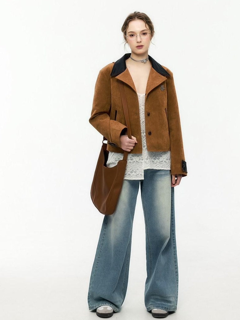 ikyou Non Iron 3D Embellished Straight Fit Commuter Notch Lapel Brown Cropped Jackets