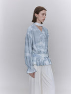 someone sometimes Glacier Blue Polyester V-neck Long Bell Sleeve Loose Fit Office Work Blouses
