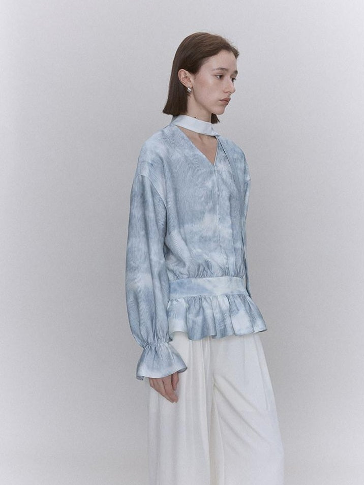 someone sometimes Glacier Blue Polyester V-neck Long Bell Sleeve Loose Fit Office Work Blouses
