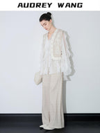 audreyyang Linen Blend V-neck Vest Trousers Solid Minimal Original Design Top & Pants Sets