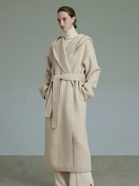 unspoken Premium 90 Wool 10 Alpaca Hooded Minimal Straight Long Oatmeal Wool Coats